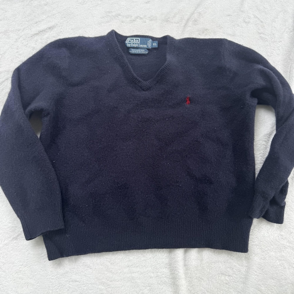 Polo Ralph Lauren Sweater Mens XL Navy Blue Wool Red Pony Pullover Classic‎